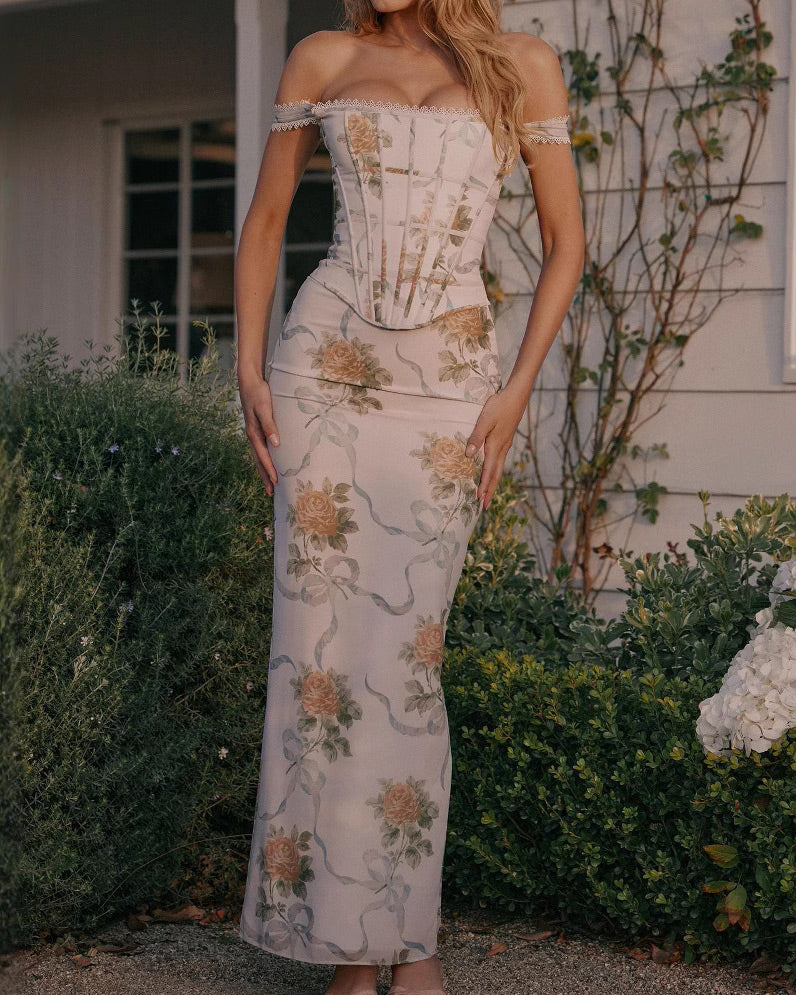 White Floral Off-Shoulder Bodycon Midi Dress