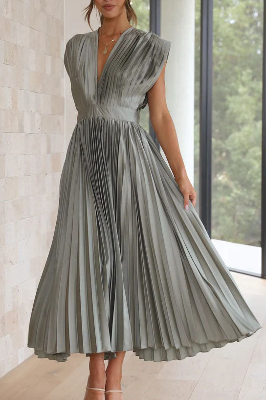 Satin Pleated V-Neck Midi Dress