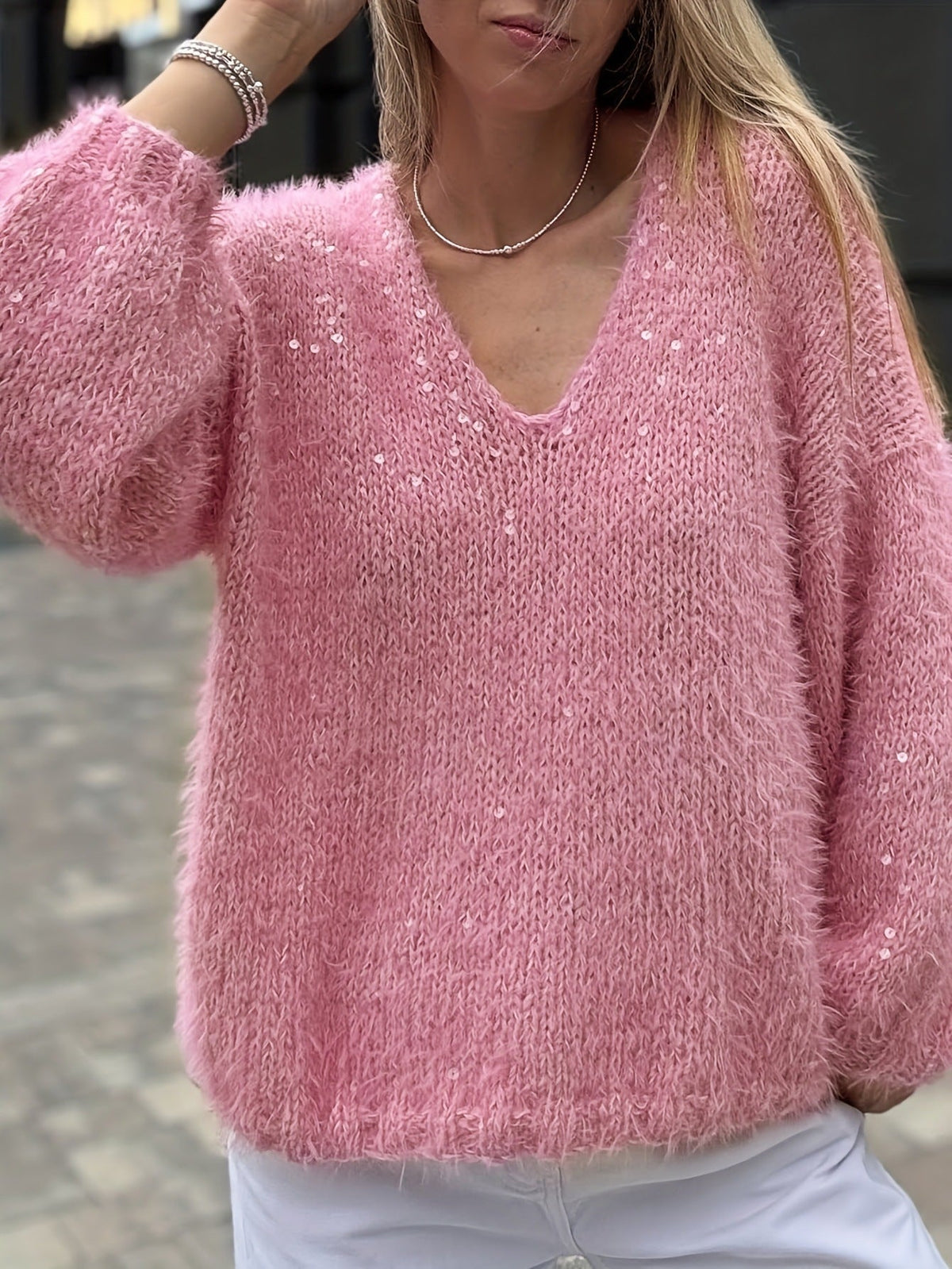 Pink Sequined Knit Sweater