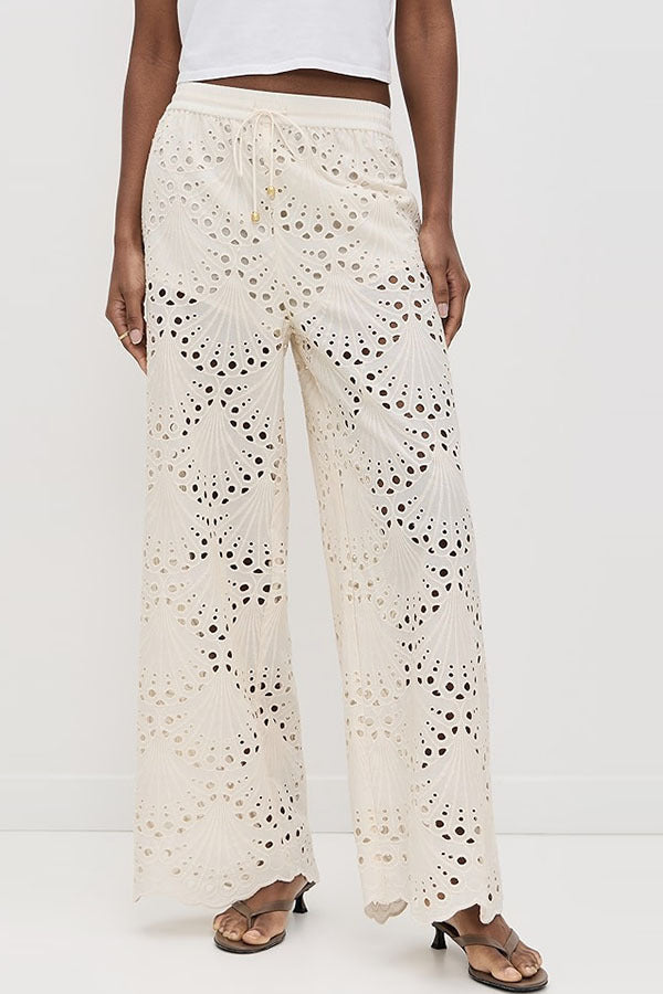 Beige Crochet Lace Button Down Shirt and Trousers Two-Piece Suits