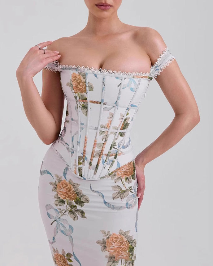 White Floral Off-Shoulder Bodycon Midi Dress