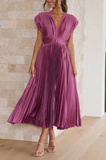 Satin Pleated V-Neck Midi Dress
