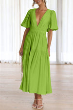 Solid Puff Sleeve Midi Dress