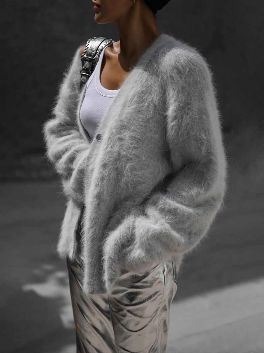 Fuzzy Long Sleeve Buttoned Knit Cardigan