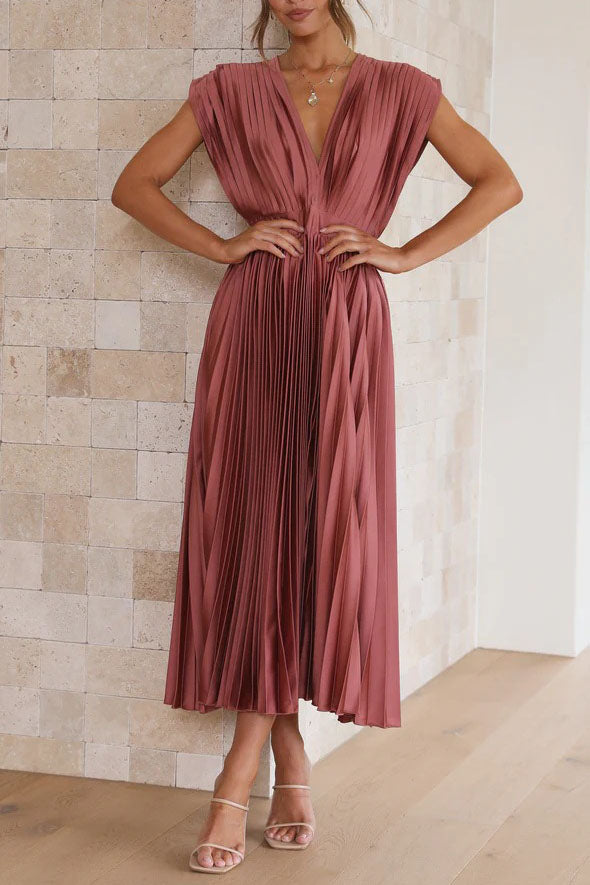 Satin Pleated V-Neck Midi Dress