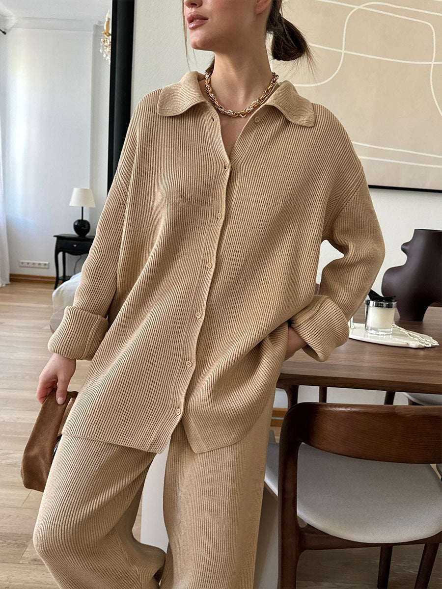Long Sleeves Buttoned Jacket and Pants Knit Two Piece Set