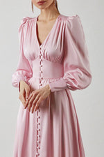 Elegant Lantern Sleeves Satin Midi Dress