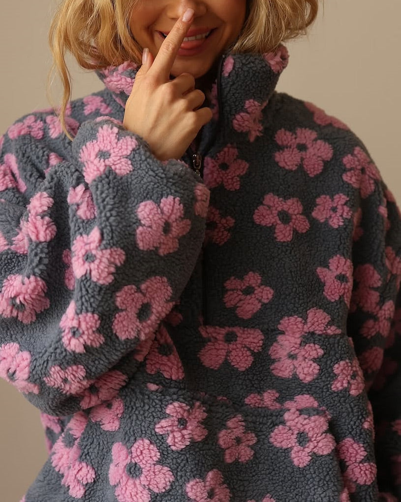 Sweet Floral Faux Sherpa Kangaroo Pocket Sweatshirt