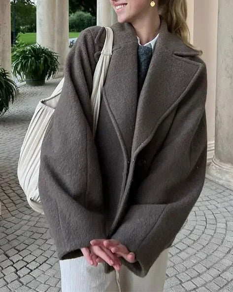 Grey Notched Lapel Woolen Coat