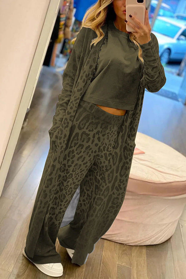 Leopard Print Long Sleeve Cardigan and Pants Two Piece Sets