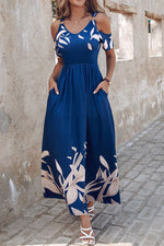 Navy Blue Floral Pleated Waist Midi Dress