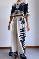 Tropical Print Crop Top and Wide Leg Pants Two Piece Set