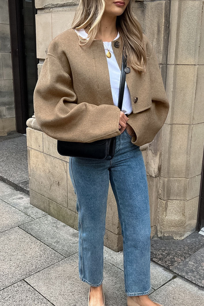 Brown Relaxed-fit Crop Wool Coat