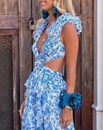 Delicate Floral Ruffled V Neckline Midi Dress
