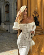 White Off-Shoulder Crochet Lace Midi Dress