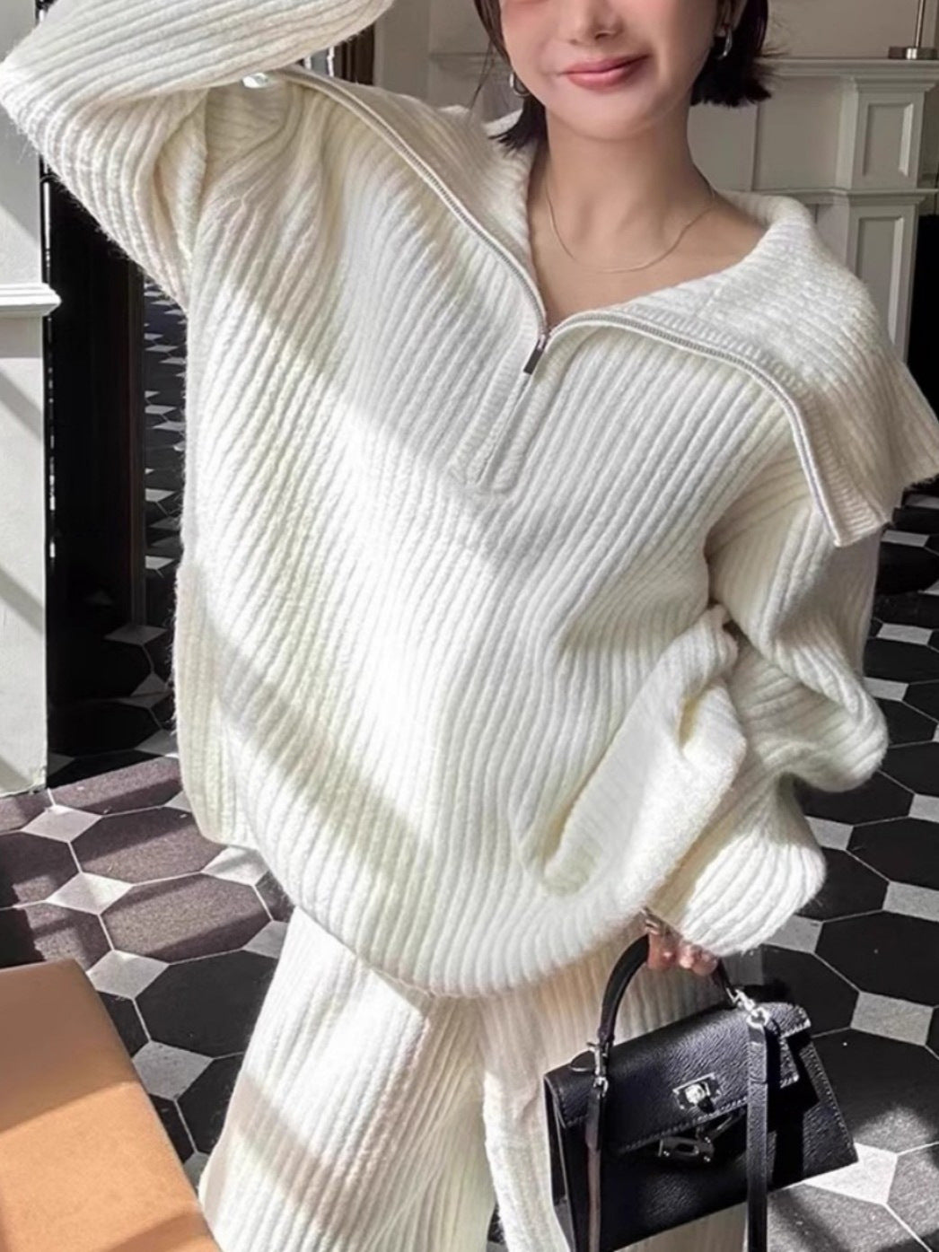 Slouchy Zippered Knit Sweater and Wide-Leg Pants Two-Piece Set