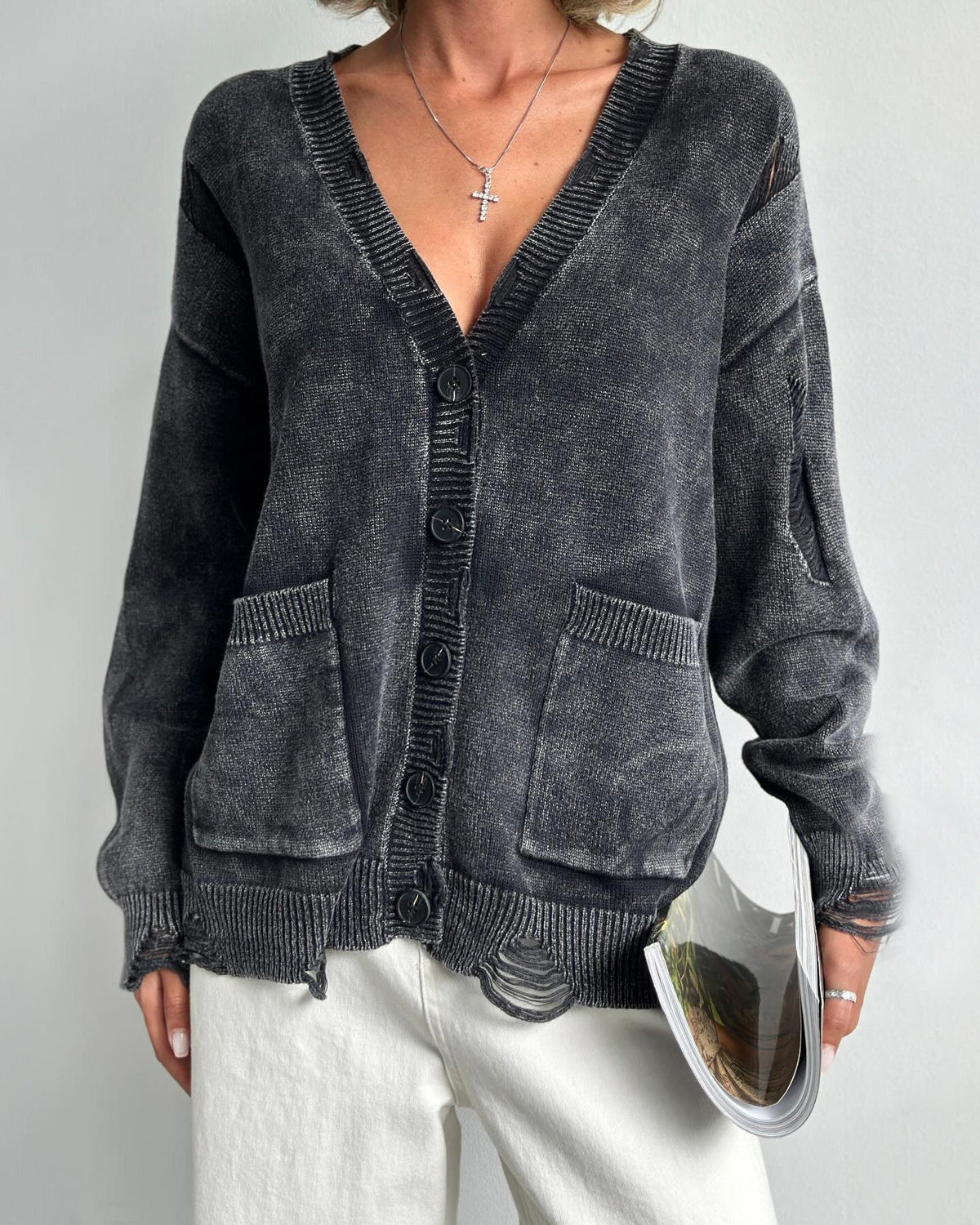 Distressed Front Button Down Cardigan