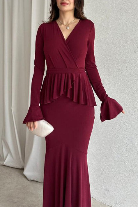 Elegant Long Sleeved Peplum Slim Fit Maxi dress