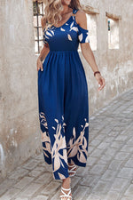 Navy Blue Floral Pleated Waist Midi Dress