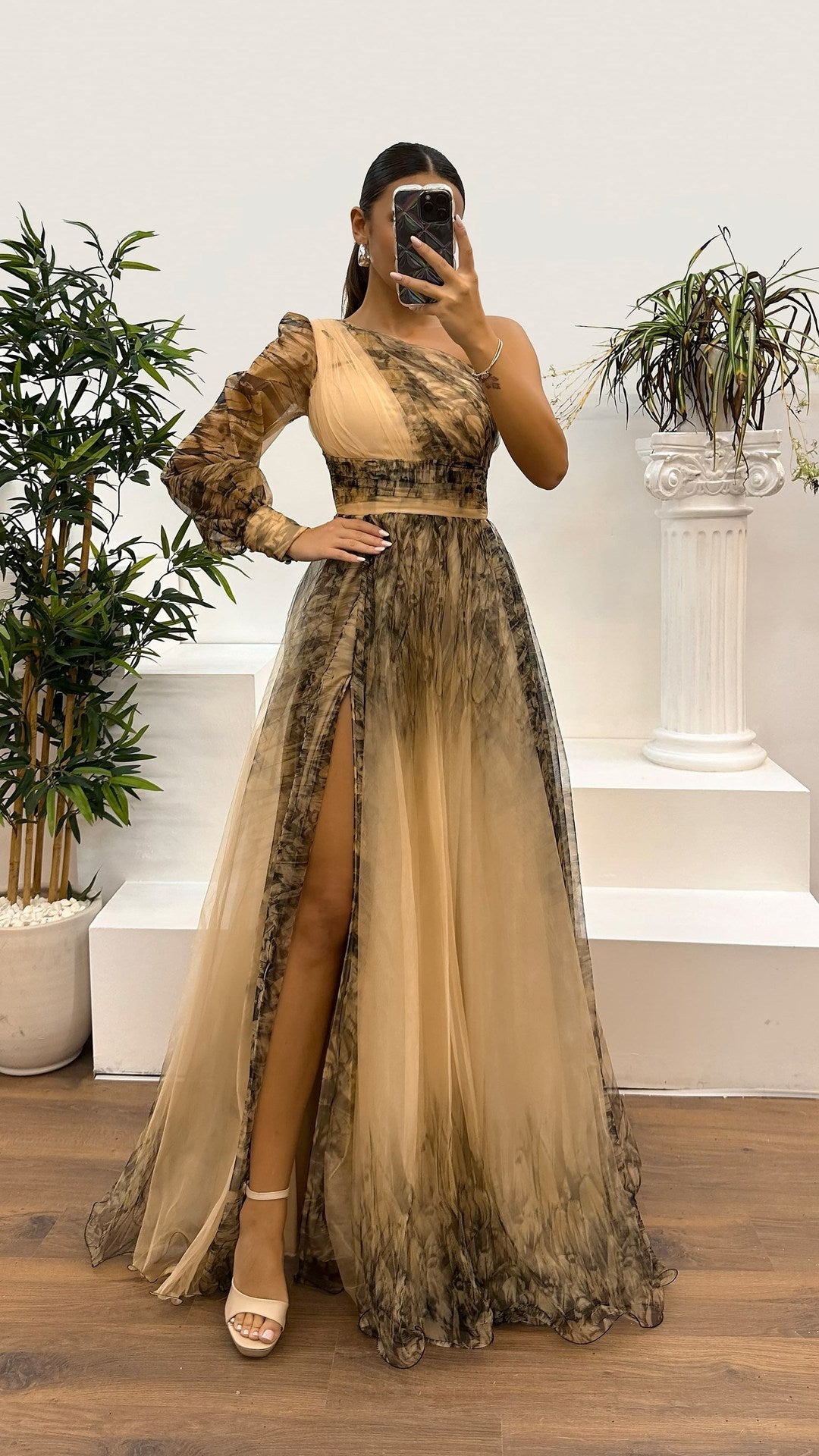 Rosette One-shoulder Mesh Maxi Dress
