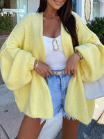 Yellow Lantern-Sleeved Open Front Cardigan