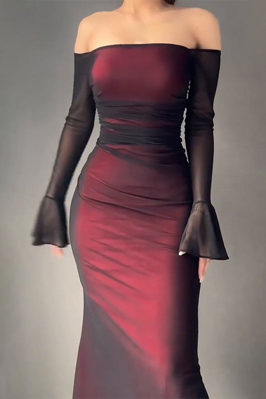 Burgundy Long Sleeves Off Shoulder Midi Dress