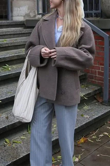 Grey Notched Lapel Woolen Coat