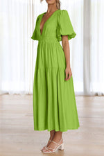 Solid Puff Sleeve Midi Dress