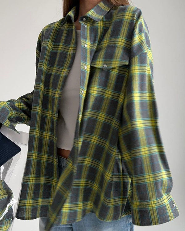 Retro Tartan Print Button Down Loose Shirt