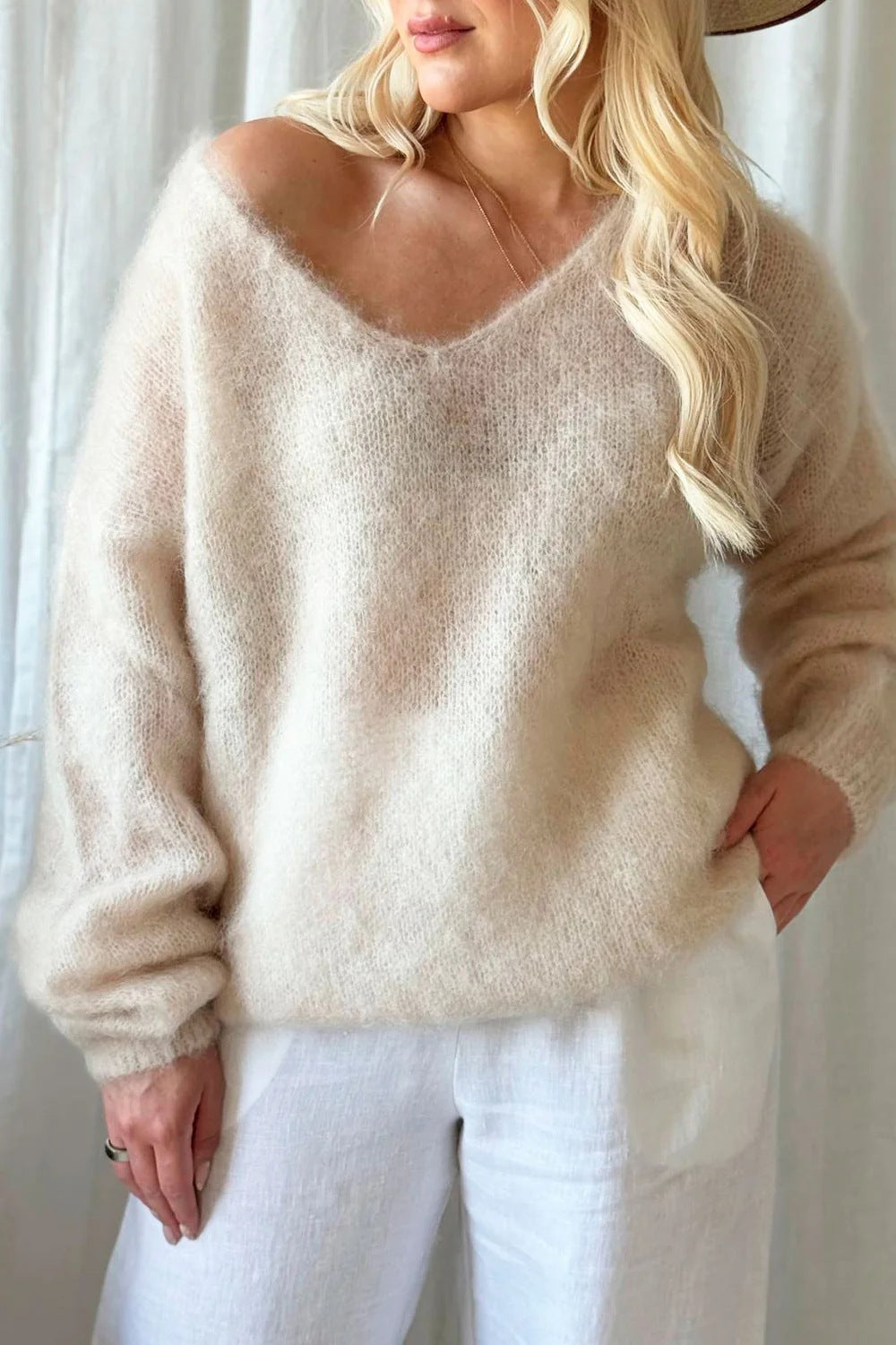 Cozy V-Neck Long-Sleeved Knit Sweater