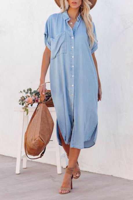 Cowboy Light Blue Button Down Shirt Dress