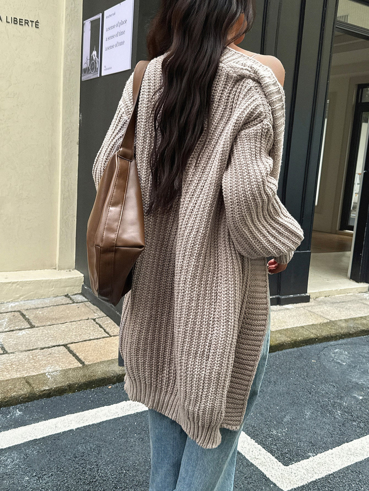 Chunky Knit Lantern-sleeved Long Cardigan