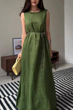 Linen Waist-Tie Sleeveless Maxi Dress