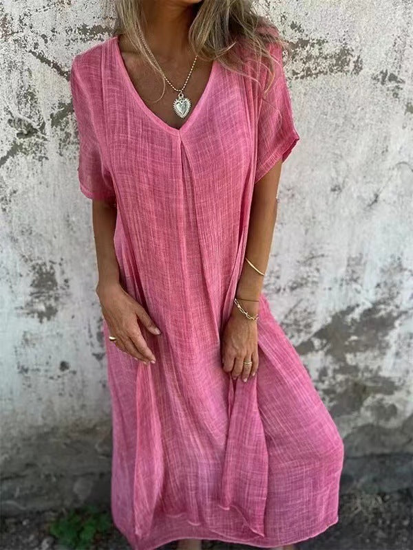 Comfy Short Sleeve Linen Midi Dress