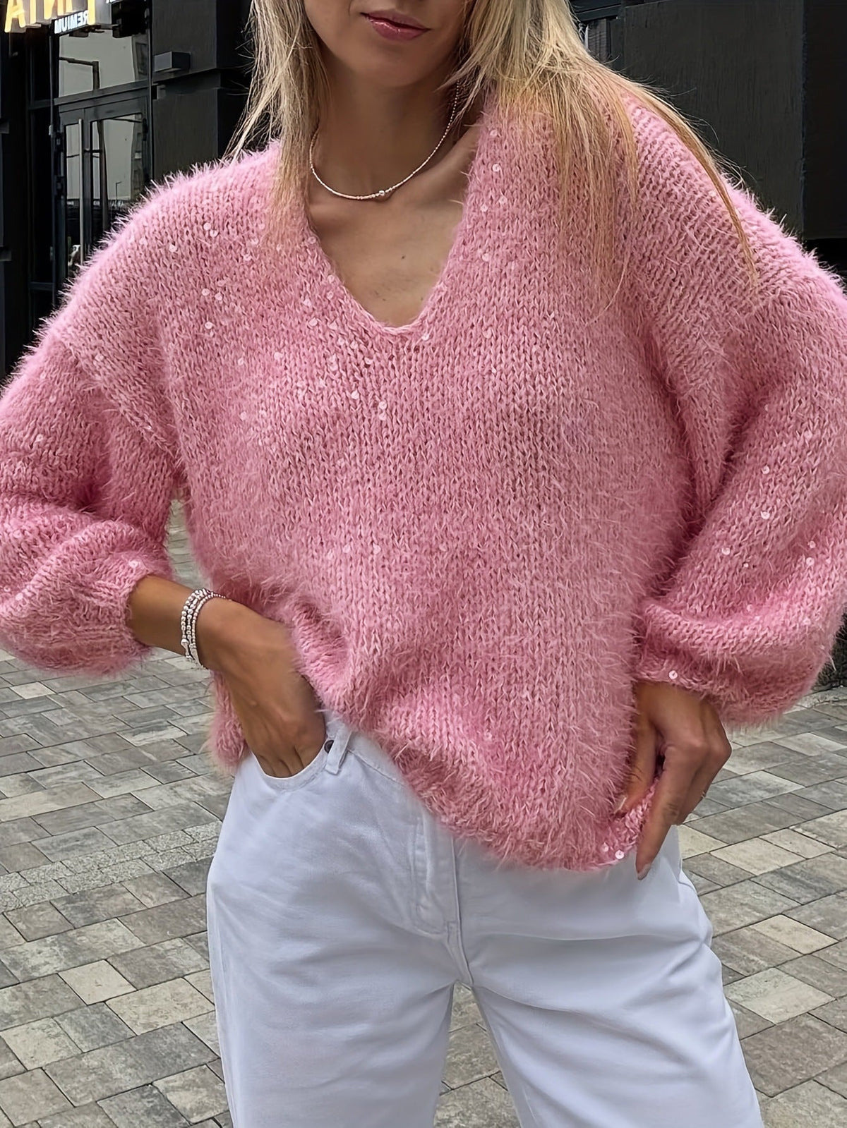 Pink Sequined Knit Sweater