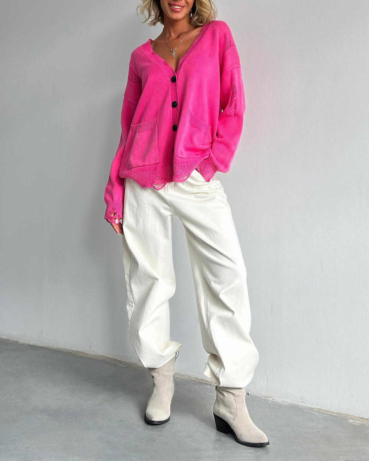 Distressed Front Button Down Cardigan