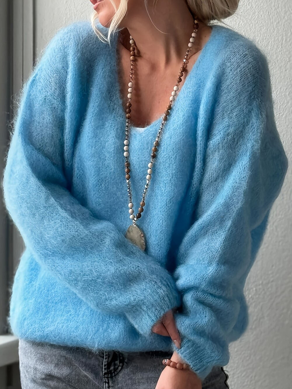 Cozy V-Neck Long-Sleeved Knit Sweater