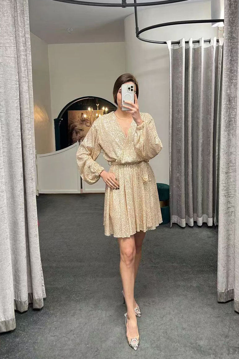 Sequin Long Sleeves Waist-Tie Mini Dress