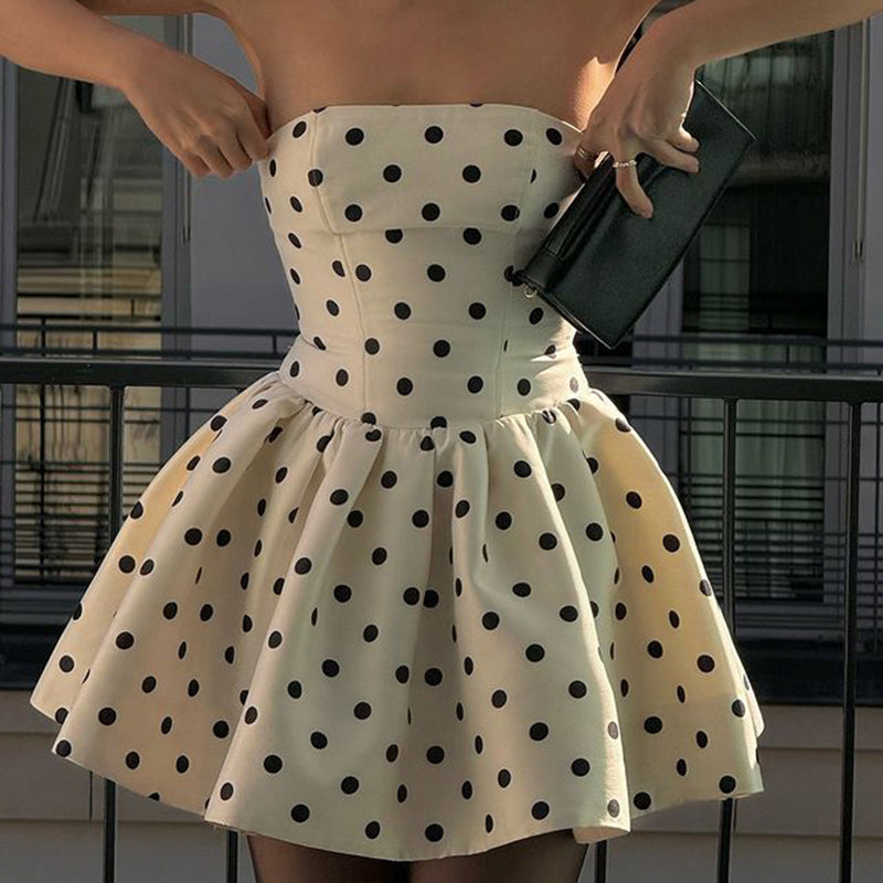 Beige Polka Dot Strapless Mini Dress