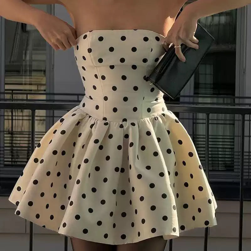 Beige Polka Dot Strapless Mini Dress