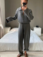 Long Sleeves Buttoned Jacket and Pants Knit Two Piece Set