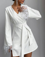 White Feather Cuff Wrap Blazer Dress
