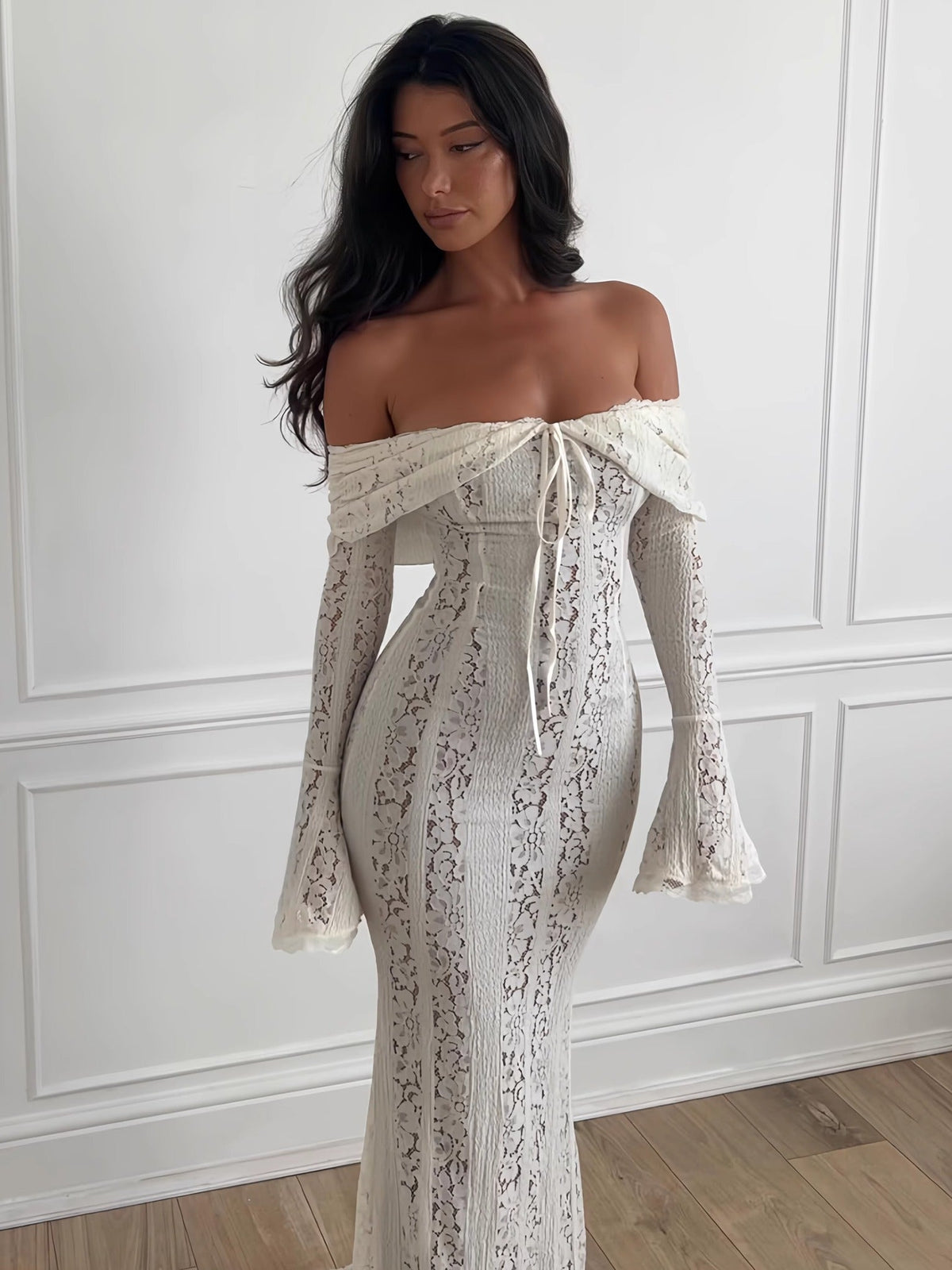 White Off-Shoulder Crochet Lace Midi Dress