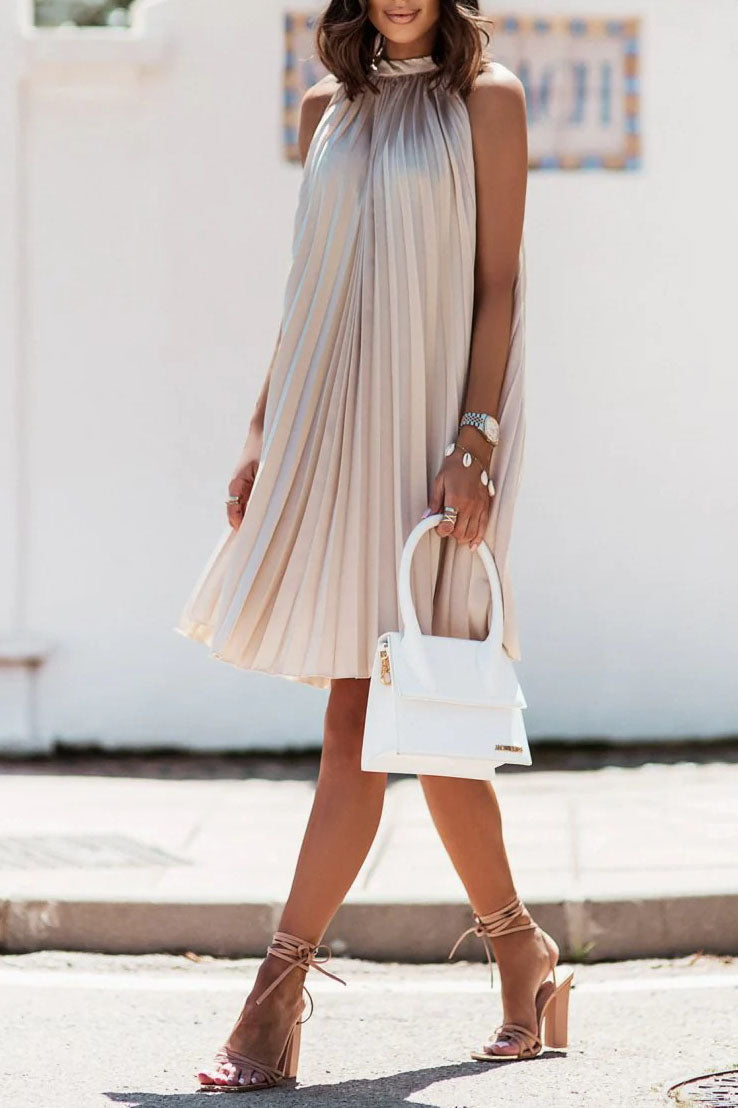 Satin Pleated Halter Neck Mini Dress