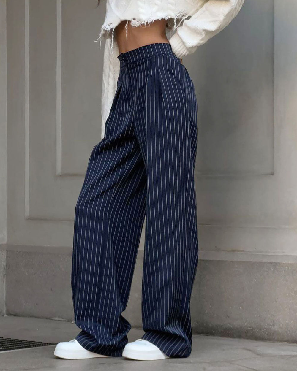 Navy Striped Wide-Leg Pants