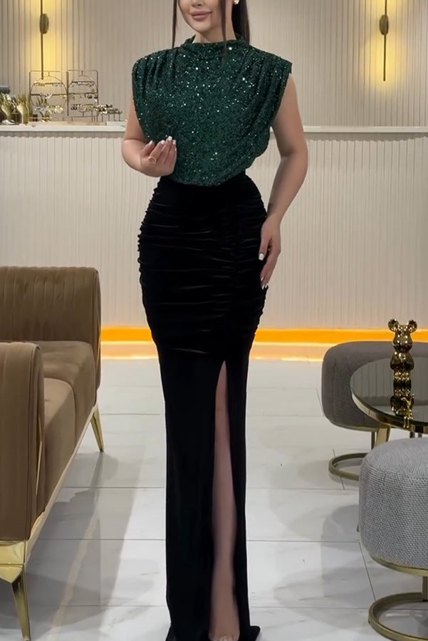 Sequined Sleeveless Maxi Evening Dress
