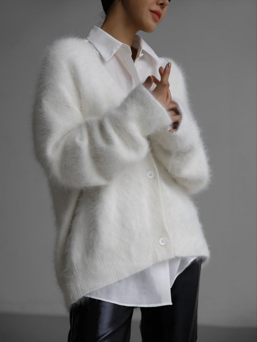 Fuzzy Long Sleeve Buttoned Knit Cardigan