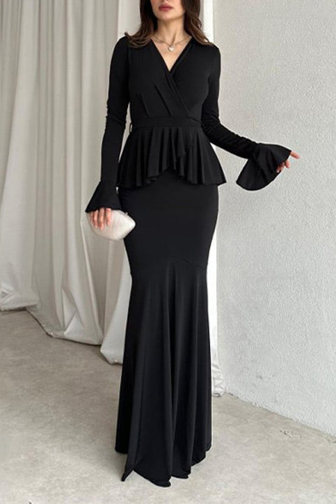 Elegant Long Sleeved Peplum Slim Fit Maxi dress