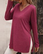 Solid Long-sleeved Side Split T-shirt