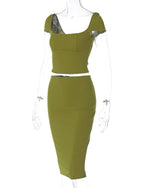 Elegant Green Crop Top and Midi Skirt Two Piece Suit